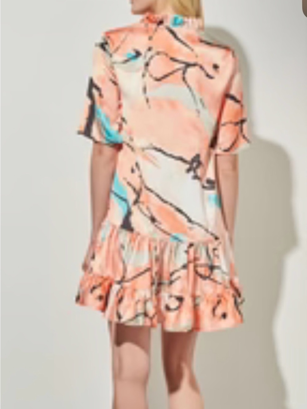 Ming Wang Peach Abstract-Print Short Ruffle Dress